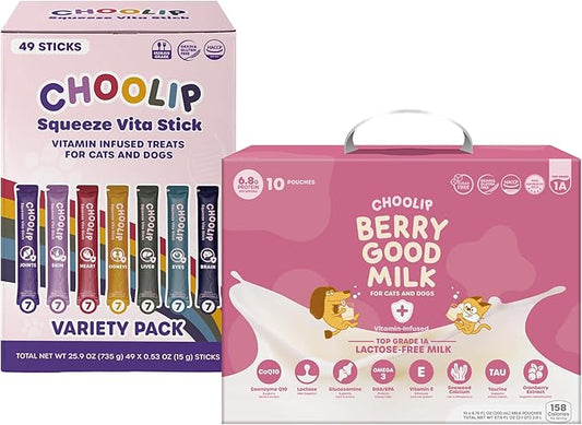 Bundle | Berry Good Milk 10pk Vitamin-Infused + 49 Variety Squeeze Vita Sticks with Essential multivitamins [Both Products are for Cats & Dogs of All Life Stages]-PawvioPets