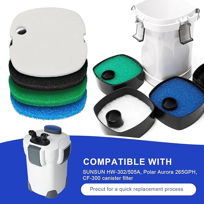 16 PCS Replacement Canister Filter Pads Compatible with SUNSUN HW-302/505A Polar Aurora 265 GPH CF-300, Aquarium Filter Sponge Pad Fish Tank Bio Floss Media-PawvioPets
