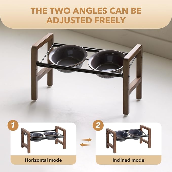 6.3inch Ceramic Adjustable Raised Double Bowls Set with Stand, 3 Heights Elevated, 2 Placement Options,Food and Water Bowls for Adult Cat Small and Medium Dog(Reactived Glaze -Grey)-PawvioPets