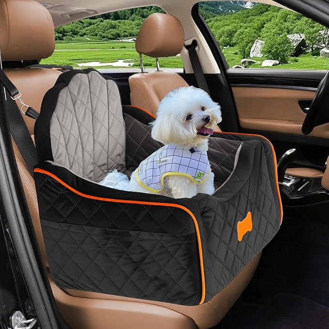 Dog Car Seat for Small Dogs Under 30lbs, Detachable Washable Pet Booster Seat with Safety Belt & Storage Pockets, Travel Car Bed, Black/Grey-PawvioPets