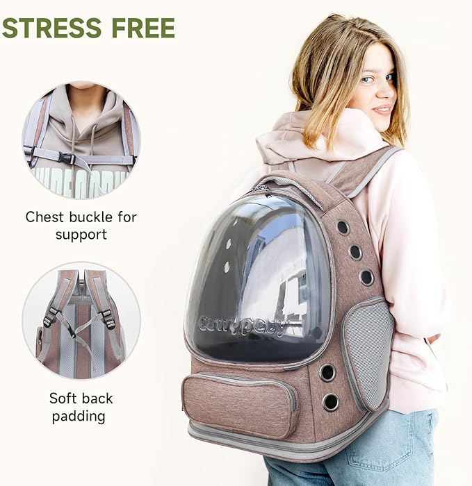 Cat Backpack Carrier, Breathable Cat Carrier Large Space Bubble Pet Backpack for Kitty Small Dog up to 15lbs, Transparent & Foldable Pet Carrier for Travel Hiking-PawvioPets