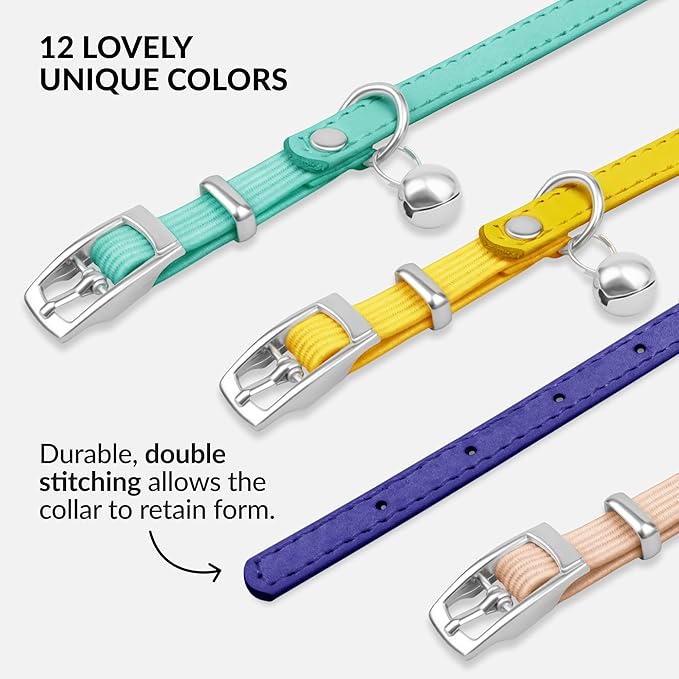 CollarDirect Leather Cat Collar with Bell - Kitten Collar, Small and Big Cat Strap for Boy Cats, Girl Cats with Safety Elastic Strap (Neck Fit 6"-7", Purple)-PawvioPets
