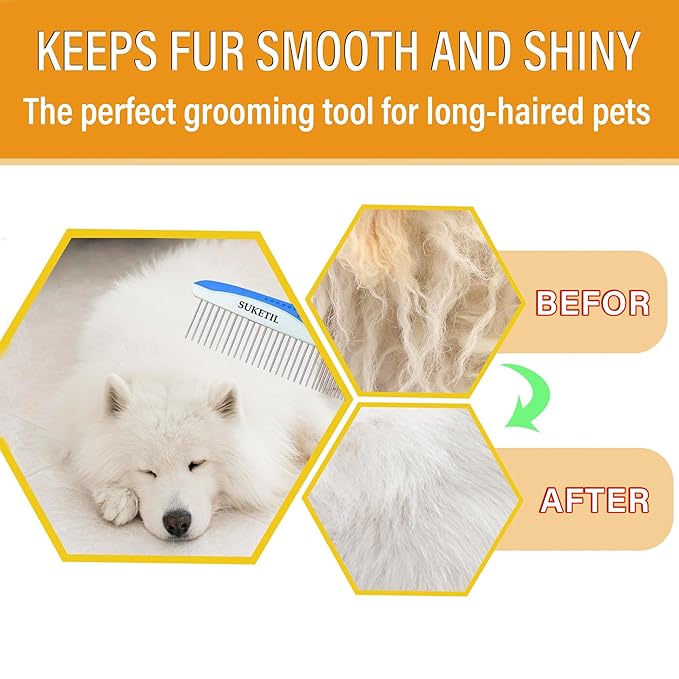 Dog Grooming Comb for Matting, Dog combs for grooming matting, Dematting Comb for Dogs and Cat with Stainless Steel Teeth & Non-Slip Handle (Style 1- Blue)-PawvioPets