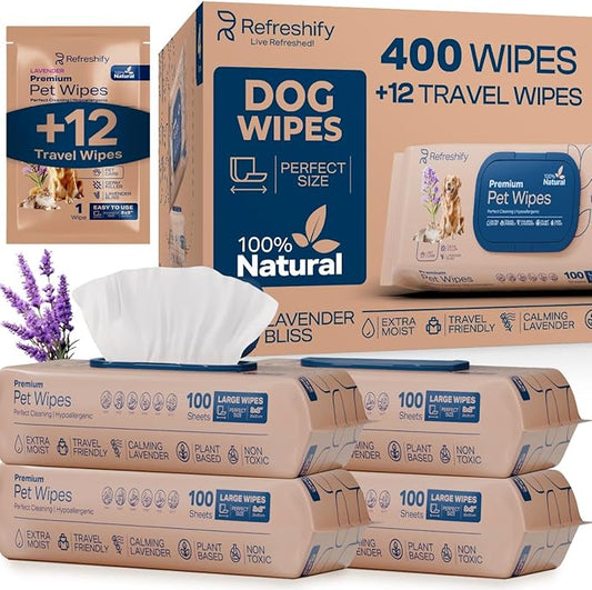 Dog Wipes for Paws and Butt - Plant Based Lavendar Scented (Pack of 400) - Pet Wipes for Dogs and Cats - Deodorizing Non Toxic Dog Wipes, +12 Additional Travel Wipes-PawvioPets