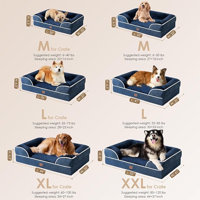 EHEYCIGA Orthopedic Dog Beds for Large Dogs, Waterproof Memory Foam Large Dog Bed with Sides, Non-Slip Bottom and Egg-Crate Foam Pet Couch Bed with Washable Removable Cover, Navy-PawvioPets