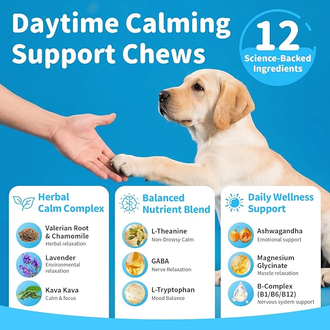 Calming Chews for Dogs – Calming Treats for Anxiety, Stress, Separation, Travel&Thunder, Relaxation & Focus Support with L-Theanine, Valerian Root, Chamomile & Ashwagandha, Chicken Flavor, 90Ct-PawvioPets