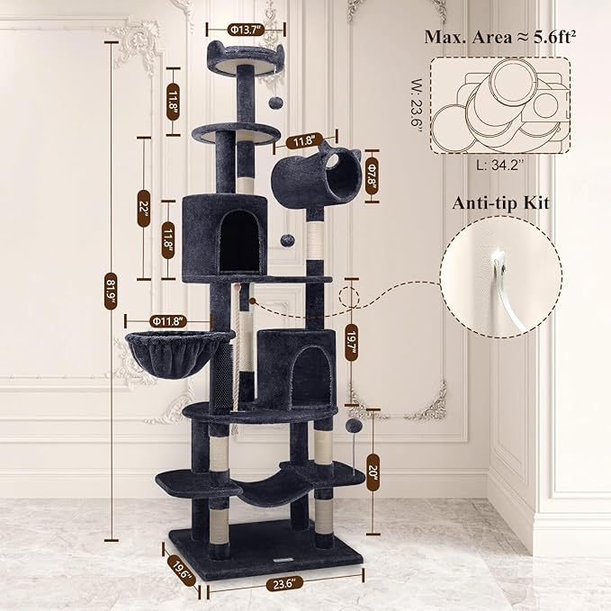 Globlazer Artistic Curved Cat Tower for Small Cats (Under 12 lbs), 81-inch Slim Design Cat Tree with Space-Saving Design, Indoor Cat Condo with Hammock & Tunnel, C81, Dark Gray, Non-Large Cats-PawvioPets