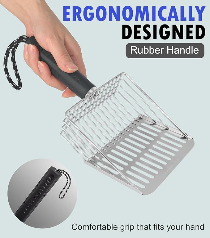 2PCS Cat Litter Scoop, Solid and Durable Kitty Metal Scooper, Stainless Steel Sifter, Heavy Duty, for Litter Box, Black Rubber Handle, Included Stainless Steel Hook-PawvioPets