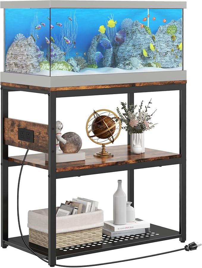 20-29 Gallon Fish Tank Stand With Power Outlets, 3-Tier Metal Aquarium Stands, Breeder Reptile Tank Stand with Shelf for Home Office, 660LBS Capacity, 29.5 x 15.8 x 30.1 inches, Brown-PawvioPets