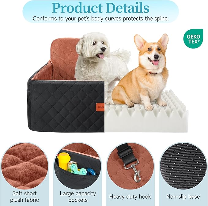 Dog Car Seat for Medium/Large Dogs, Pet Booster Seat for Under 55 lbs or 2 Small Dogs, Detachable & Washable Dog Car Bed for Backseat with 2 Safety Leashes(Black/Brown)-PawvioPets