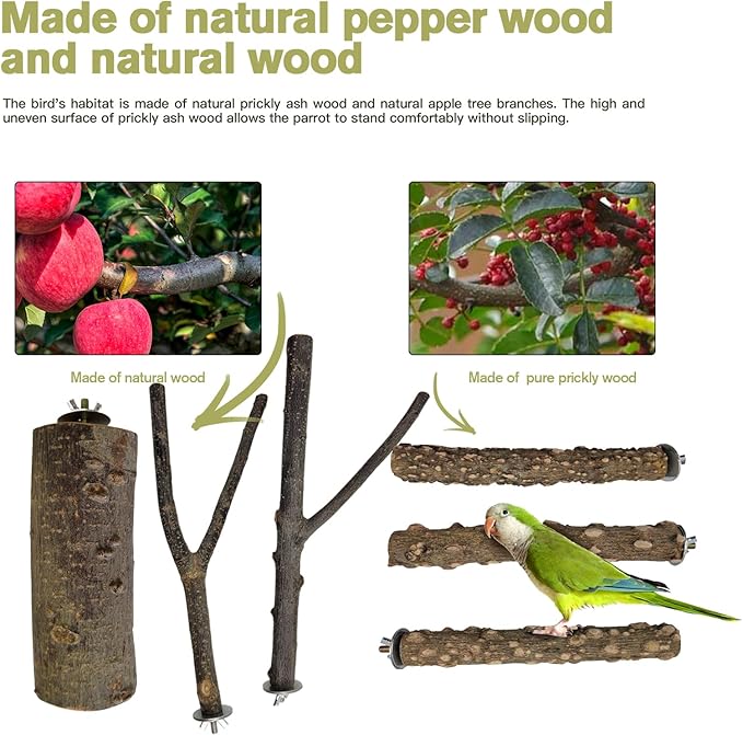 Bird Toys, Natural Parrot Toys for Small Macaws, Budgies, Lovebirds, Finches, Small and Medium Sized Birds Peppercorn Wood Apple Tree Perch Wood Set-PawvioPets