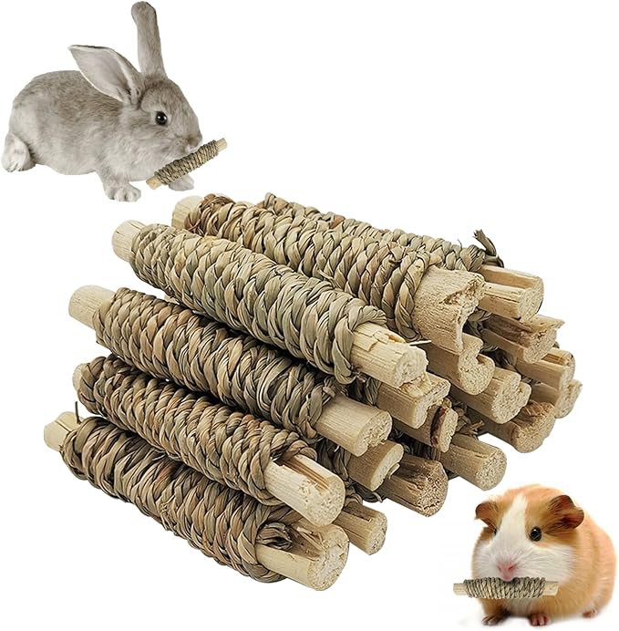 Fhiny 18 PCS Guinea Pig Chew Toys, Natural Seagrass Sweet Bamboo Molar Sticks for Teeth Bunny Chew Toys Cage Accessories for Rabbit Bunny Guinea Pig Chinchilla Hamster-PawvioPets