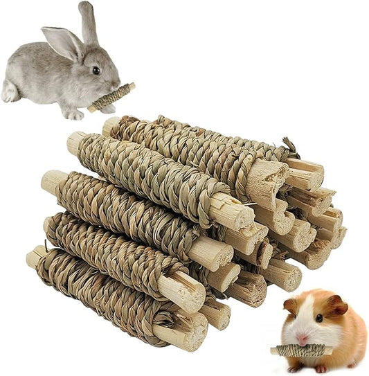 Fhiny 18 PCS Guinea Pig Chew Toys, Natural Seagrass Sweet Bamboo Molar Sticks for Teeth Bunny Chew Toys Cage Accessories for Rabbit Bunny Guinea Pig Chinchilla Hamster-PawvioPets