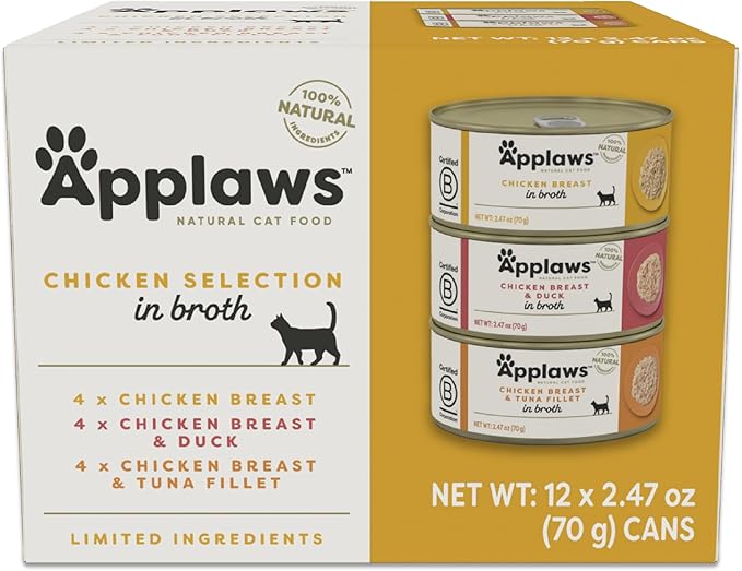 Applaws Natural Wet Canned Cat Food, Made with Limited and Natural Ingredients, Real Protein with No Artificial Additives, Chicken Selection Variety Pack in Broth (12 x 2.47oz Cans)-PawvioPets