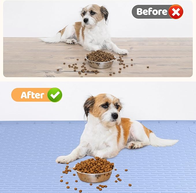 Dog Food Mat, Extra Large 40" x 28" Silicone Pet Feeding Mat with Raised Edge Pet Placemat for Small, Medium, and Large Pets Non-Slip, Easy to Clean (Blue)-PawvioPets