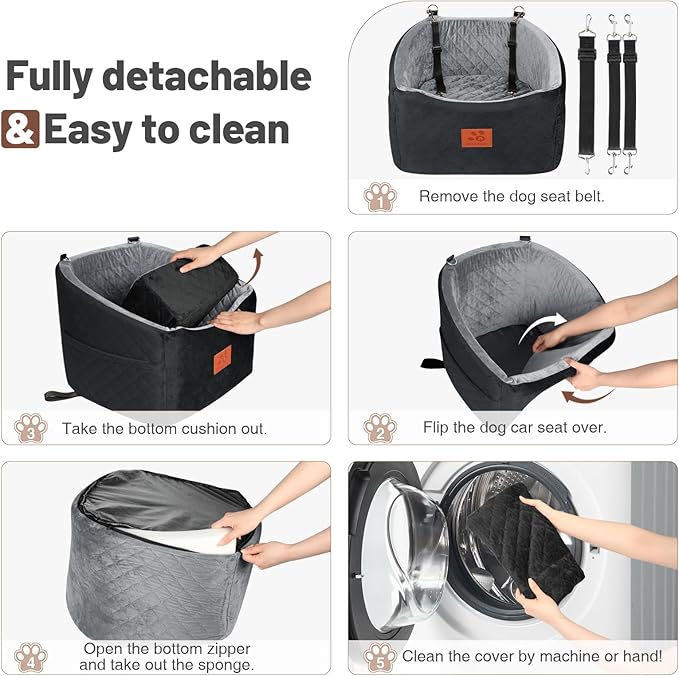 Dog Car Seat for Small Medium Dogs, Memory Foam Booster Car Seat for Dogs up to 35 lbs, Elevated Pet Car Seat with Washable Removable Cover and Storage Pockets (Black/Gray)-PawvioPets