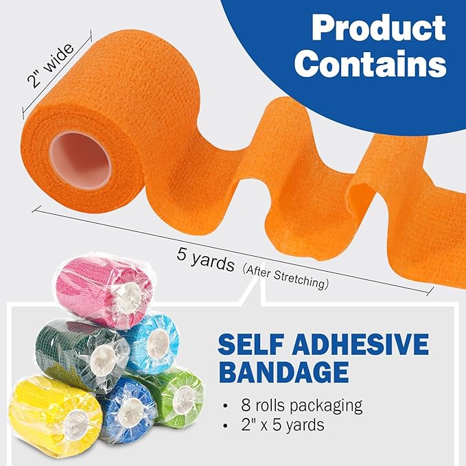 AZEN 8 Pack Self Adhesive Bandage Wrap, 2" X 5 Yards Elastic Cohesive Bandage Wrap, Color Athletic Tape, Vet Wrap, Ankle Tape, Tattoo Grip Tape Wrap-PawvioPets