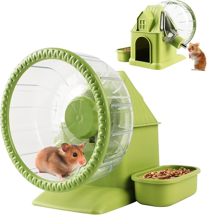 4 in 1 Silent Large Hamster Wheel Multifunctional Hamster Running Wheel Quite Running Spinner Wheel Accessories with Food Bowl Water Bottle for Hamsters Dwarf Gerbil (Green)-PawvioPets