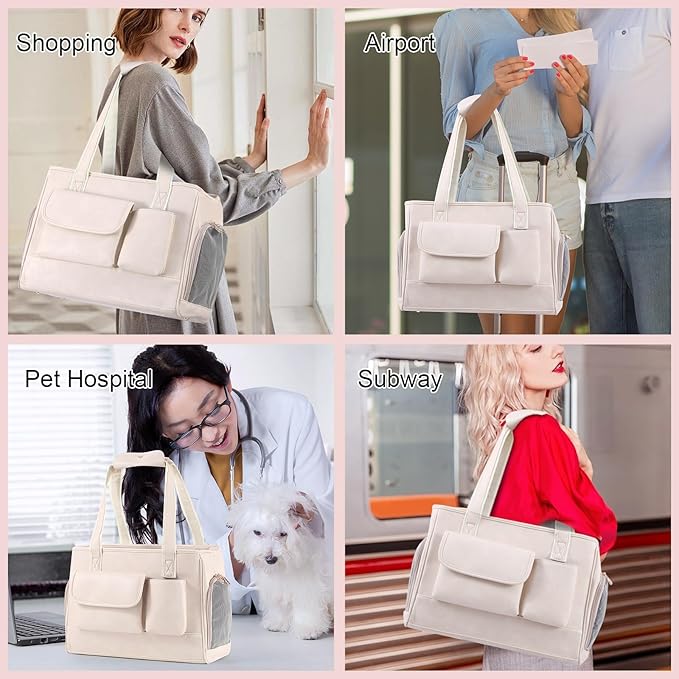 Dog Carrier Purse, Fashion Leather Pet Carrier Bag, Airline Approved Soft Sided Cat Travel Tote Bag with Pockets White-PawvioPets
