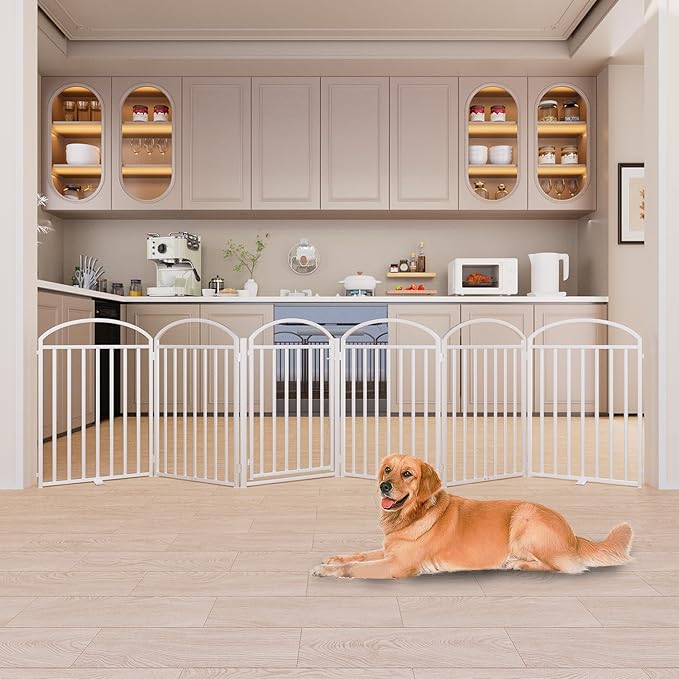 6 Panles Full Matel Freestanding Dog Gates with Door, 144"Extra Wide 32"Tall Free Standing Dog Pet Gate for Indoor & Outdoor. Foldable Pet Fences for Doorways, House, Stairs, Porch, Deck, Yard-PawvioPets