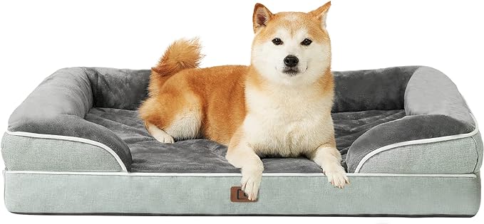 EHEYCIGA Orthopedic Dog Beds for Large Dogs, Waterproof Memory Foam Large Pet Bed with Sides, Non-Slip Bottom and Egg-Crate Foam Dog Couch Bed with Washable Removable Cover, Greyish Green-PawvioPets