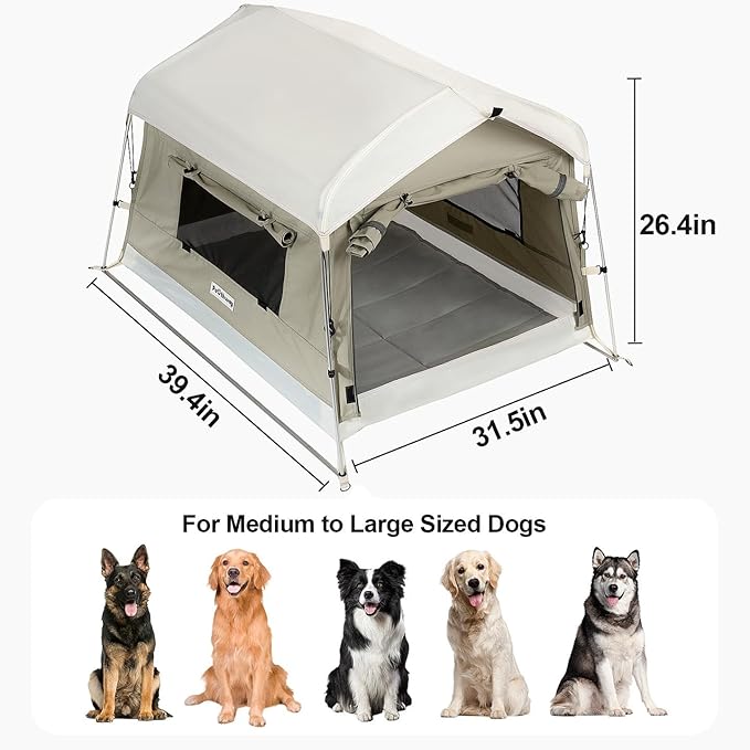Dog Tent Cotton Fabric, Aluminum Poles and Camping Mat, Outdoor Weatherproof, Dog House Outdoor, Breathable with 2 Side Windows, Portable and Collapsible (Gray, Large)-PawvioPets
