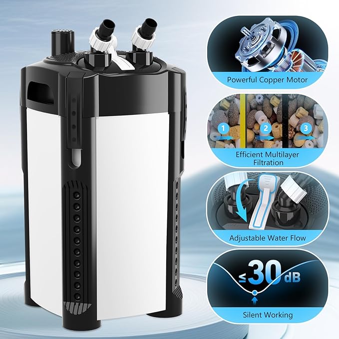 AQQA 581GPH Canister Filter, Ultra-Quiet External Aquarium Canister Filters, 3 Stage Filtration Aquarium Filter with Quartz Balls and Filter Cotton for Fish Tanks and Aquariums Up to 150 Gallon 35W-PawvioPets