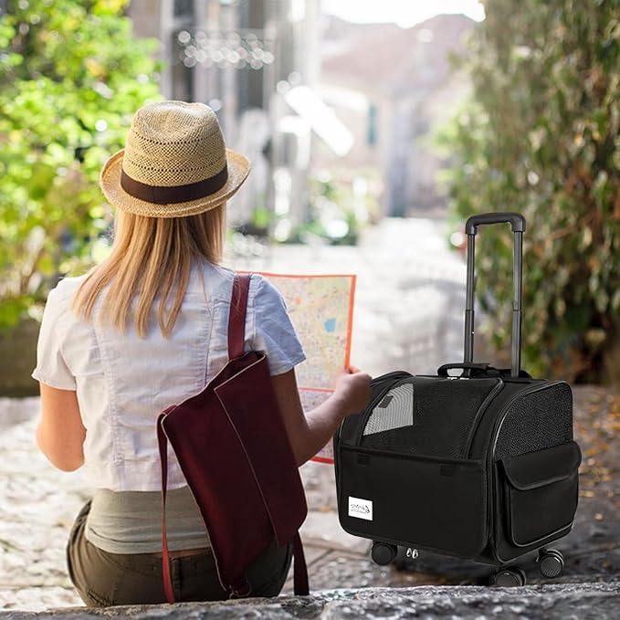 Dog Travel Bag with Removable Rolling Wheels, Airline Approved Pet Carrier, Foldable Cat Bag with Breathable Mesh, Pet Stroller(Black)-PawvioPets