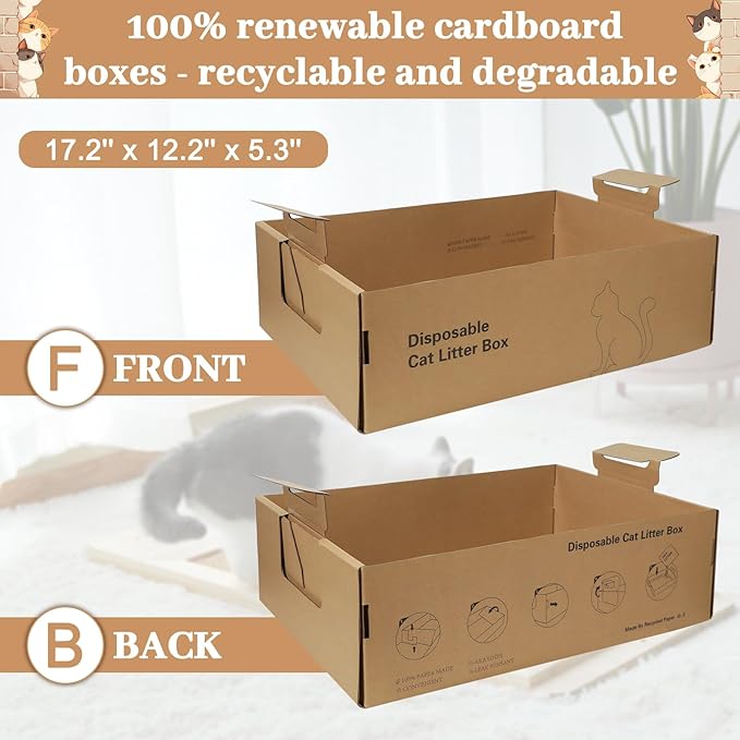 3-Pack Disposable Litter Boxes for Cats,Disposable 100% Renewable Cardboard Foldable Litter Boxes,Large-Capacity Portable Cardboard Cat Litter Box,Waterproof Travel Litter Box,17.2'' x 12.2'' x 5.3''-PawvioPets