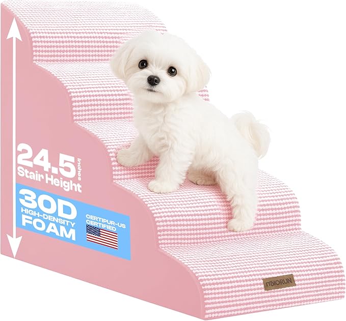 Curved Dog Stairs for High Bed Up to 26", 5-Step Dog Ramp for Small Dogs with Washable Cover, Non-Slip Steps for Cats to Get on Couch and Sofa, Durable Foam Ladder for Medium Breeds, White Pink-PawvioPets