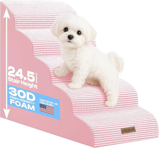 Curved Dog Stairs for High Bed Up to 26", 5-Step Dog Ramp for Small Dogs with Washable Cover, Non-Slip Steps for Cats to Get on Couch and Sofa, Durable Foam Ladder for Medium Breeds, White Pink-PawvioPets