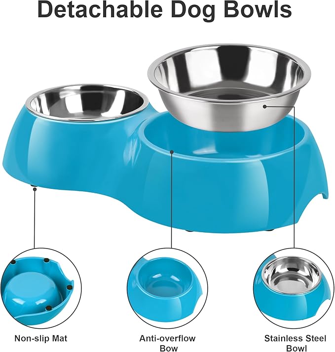 Elevated Dog Bowls Set - Non-Slip Raised Pet Feeder with Medium (2 Cups) & Large (4 Cups) Stainless Steel Bowls - Includes Durable Resin Stand for Puppies, Adult Dogs & Cats - Blue-PawvioPets