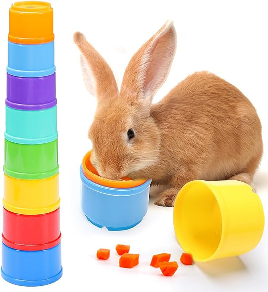 8 Pcs Stacking Cups for Rabbits - Safe Reusable Bunny Toys in Different Sizes, Durable Rainbow Colored Nesting Toys for Small Animals Bunny Hiding Food Playing Bunny Gifts-PawvioPets