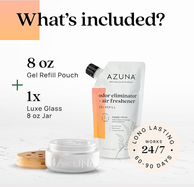 Azuna Air Freshener & Odor Eliminator for Strong Odor | 1 Room Kit Includes (1) Empty Luxe Glass Jar & 8oz Refill with Tea Tree Essential Oil Gel | Simply Citrus | Last 60-90 Days-PawvioPets
