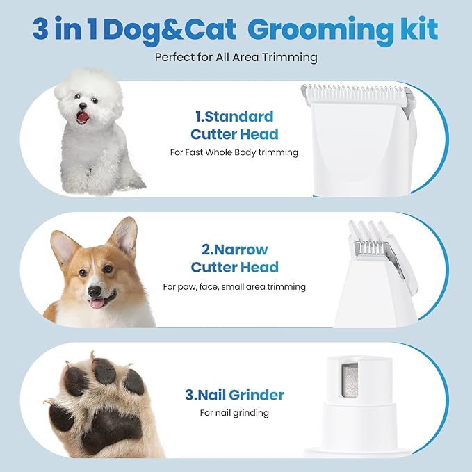 3-in-1 Dog & Cat Grooming Kit - Rechargeable Cordless Pet Hair Clippers with Nail Grinder & Paw Trimmer & 5 Guide Combs, Low Noise Dog Clippers for Grooming Small Medium Pets-PawvioPets