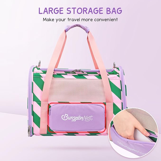 BurgeonNest Cat Carrier, Dog Cat Carriers for Large Medium Cats Under 20 lbs, Soft Sided Pet Carrier, Collapsible Travel Carry Puppy Kitten Cat Carrier with Big Side Bag (Medium, Pink-Green)-PawvioPets