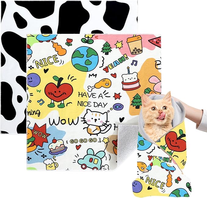 Cat Grooming Wrap, 2pcs [XL] Cat Restraint Wrap for Nail Clipping, Ear Cleaning, and Teeth Brushing, Self-Adherent, Anti-Bite, Anti-Scratch, Anti Scratch, Cow White+Colorful Graffiti-PawvioPets