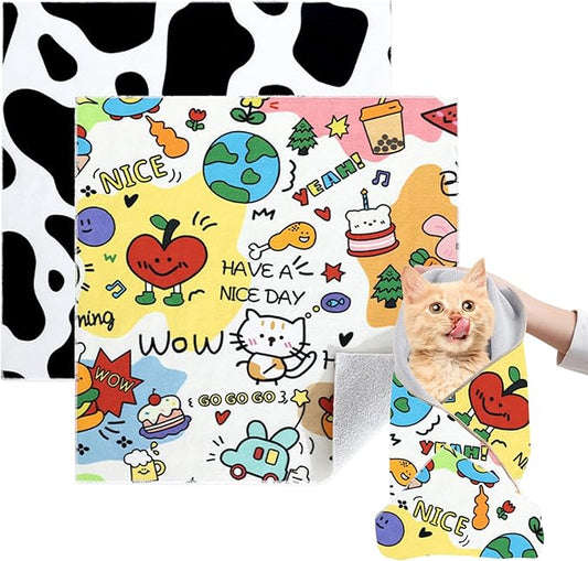 Cat Grooming Wrap, 2pcs [XL] Cat Restraint Wrap for Nail Clipping, Ear Cleaning, and Teeth Brushing, Self-Adherent, Anti-Bite, Anti-Scratch, Anti Scratch, Cow White+Colorful Graffiti-PawvioPets