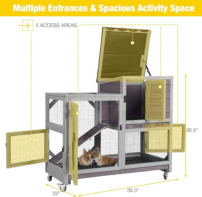 Aivituvin Rabbit Cage Indoor Outdoor Bunny Hutch on Wheels, 2 Story Wood Guinea Pig Cages with 2 Deeper Pull Out Trays (Gray)-PawvioPets