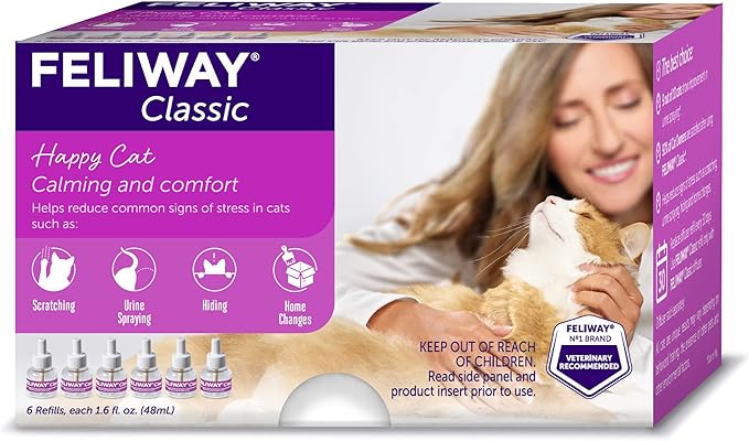 FELIWAY® Classic 6 x 30 Day Cat Calming Refills for Pheromone Diffuser, 6 x 48ml Value Pack - Helps Reduce Common Signs of Stress in Cats & Kittens, Enhanced Calming-PawvioPets