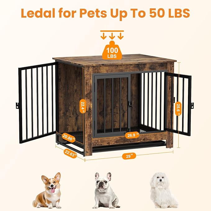 Dog Crate Furniture, Dog Crate End Table for Small and Medium Dogs,Wooden Cage Kennel Furniture Indoor, Modern Dog Crate with Multi-Purpose Removable Tray, Double-Doors Dog Furniture, Rustic Brown-PawvioPets