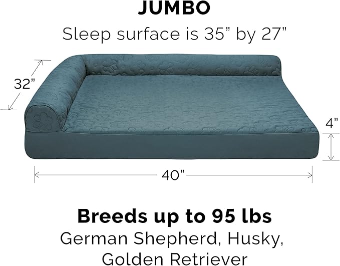 Furhaven Cooling Gel Dog Bed for Large Dogs w/ Removable Bolsters & Washable Cover, For Dogs Up to 95 lbs - Pinsonic Quilted Paw L Shaped Chaise - Bluestone, Jumbo/XL-PawvioPets