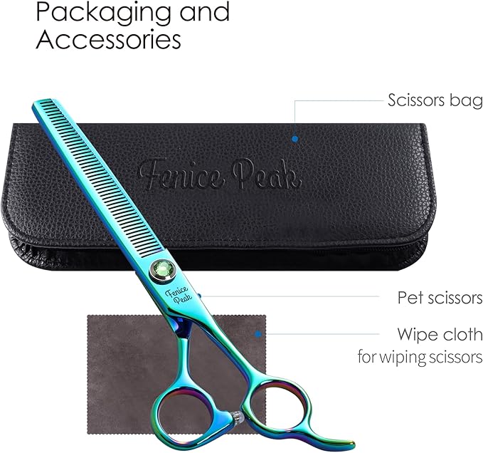 Fenice Peak 7'' Green Thinning Dog Grooming Scissors Pet Shears with Ergonomic Offest Handle and Simulated Emerald Screw 440C Grooming Scissors Trimming Shears Durable and Sharp-PawvioPets
