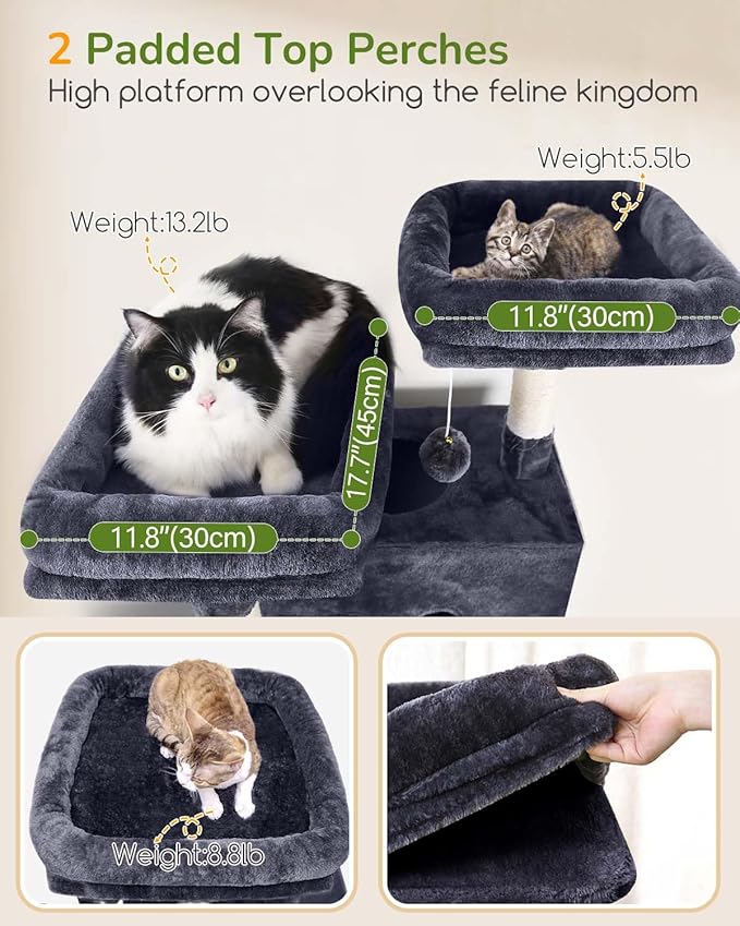 Globlazer Large Cat Tree Tower Condo, 80in Tall Cat Tree for Multiple Indoor Cats Large Adult, XXL Big Cat Climbing Tower with Cat Caves, Sisal Scratching Posts, Top Perches, Hammock, S80B, Dark Gray-PawvioPets