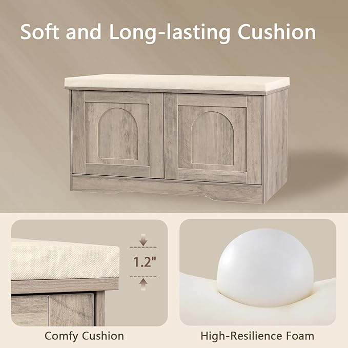 DINZI LVJ Shoe Bench, Entryway Storage Bench with Doors, Cushion, 2-Tier Shoe Rack with 6-Cubby, 31.5”L x 13.8”W Shoe Organizer Cabinet, Adjustable Shelf, Living Room, Bedroom, Greige-PawvioPets