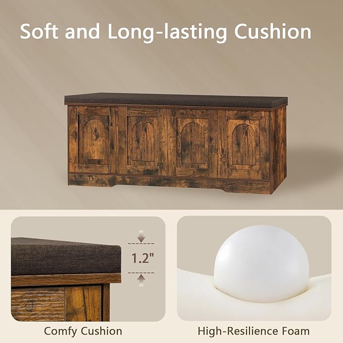 DINZI LVJ Shoe Bench, Entryway Storage Bench with Doors, Cushion, 2-Tier Shoe Rack with 8-Cubby, 47.2”L x 13.8”W Shoe Organizer Cabinet, Adjustable Shelf, Living Room, Bedroom, Rustic Brown-PawvioPets