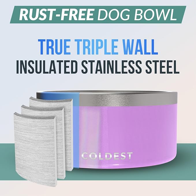 Coldest Dog Bowl - Anti Rust Metal, Non Slip, 3 Layers Insulated Stainless Steel Dog Bowls - Spill Proof & Heavy Duty - Water Bowl for Dogs, Cats, Dish Washer Safe (200 oz, Saturns Purple Glitter)-PawvioPets