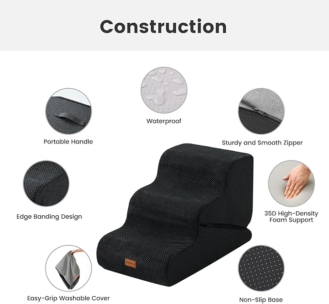 Gardner Pet Dog Stairs for Small Dogs 16.5" H, 2 in 1 Transformable 3-Step Pet Stairs and Dog Ramp for Couch (13-20 in), Black Adjustable Pet Steps with Non-Slip Waterproof Cover and CertiPUR-US Foam-PawvioPets