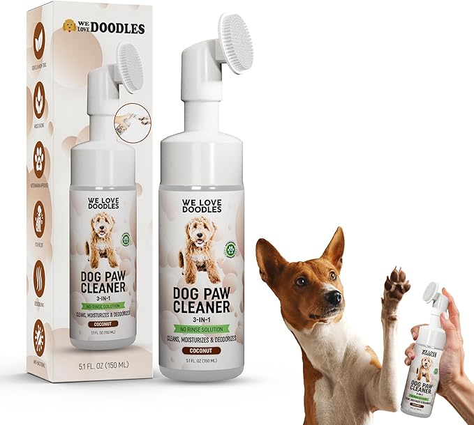 Dog Paw Cleaner (Over 100+ Feet Cleanings) No-Rinse Dog Foot Washer, Gentle and Safe Paw Cleaner for Dogs and Cats, Foam Formula, Moisturizes and Deodorizes, 150mL (Coconut) [We Love Doodles]-PawvioPets