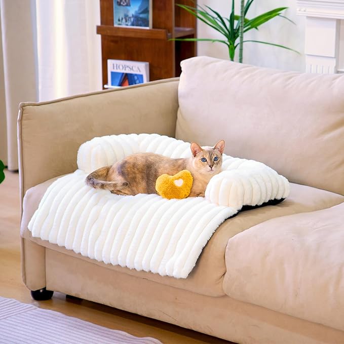 FUNNY FUZZY Pet Couch Cover for Sofa, Calming Dog Bed for Couch, Fluffy Plush Cat Bed Mat for Furniture Protector for Small Dogs and Kitten, 27×24 in, Cream White-PawvioPets